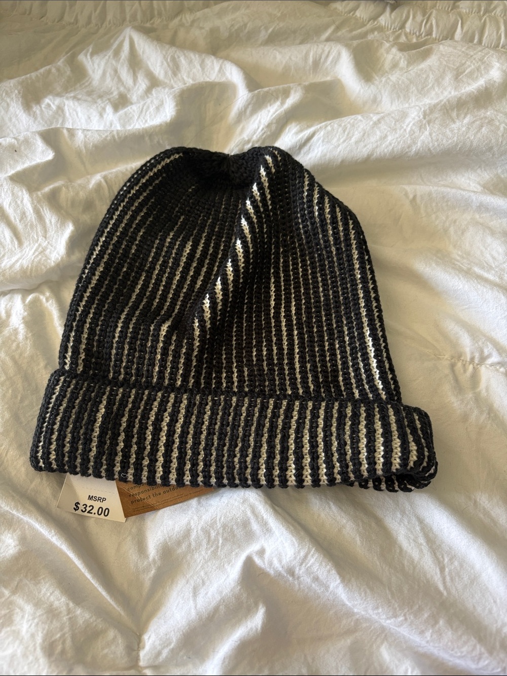 Timberland Black and White Striped Knit Beanie